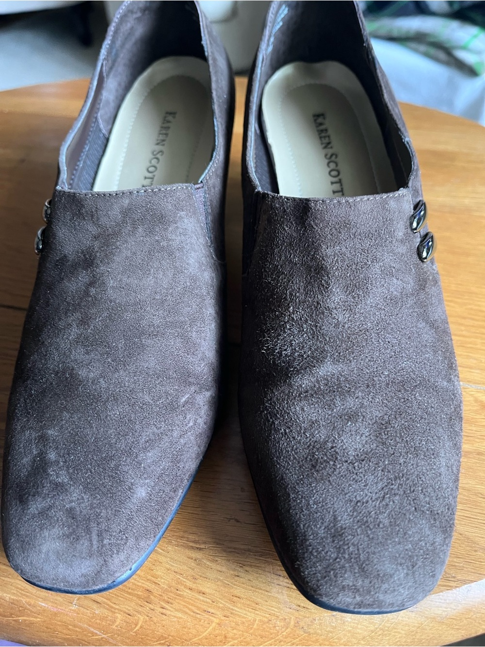 Karen Scott Brown Suede Slip-On Loafers with Side Button Detail
